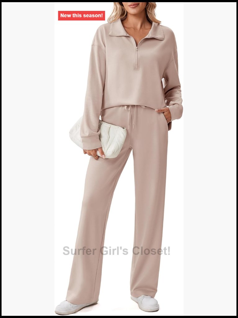 2 Piece Sweatsuit Set With Half Zip Pullover And Straight Leg Pants